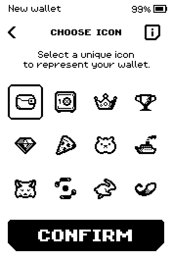 Choose icon grid with CONFIRM button.