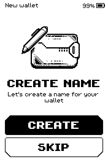 Create name screen with CREATE and SKIP buttons.