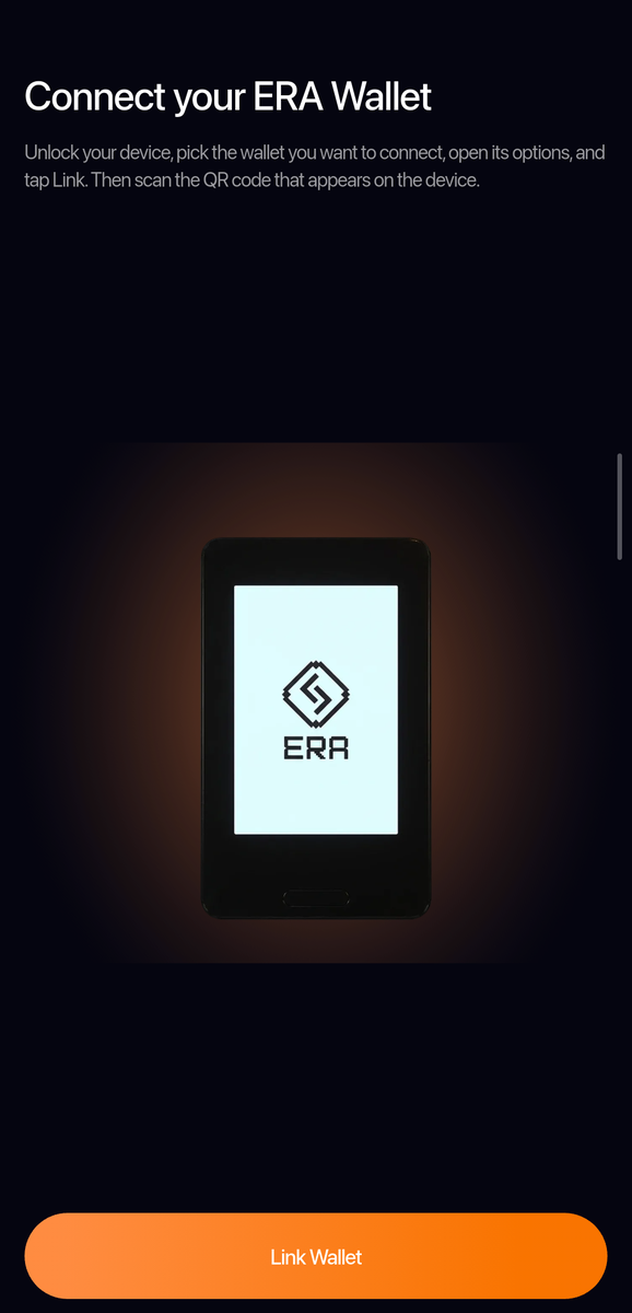Connect your ERA Wallet page: instructions to unlock the device, open the wallet's options and tap Link; an ERA device image; a Link Wallet button.