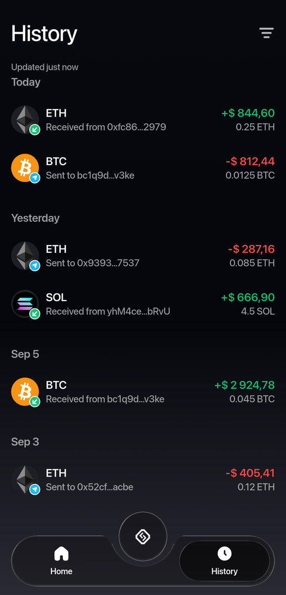 History tab: transactions grouped by day, each row showing the coin, the counterparty address and the amount received or sent.