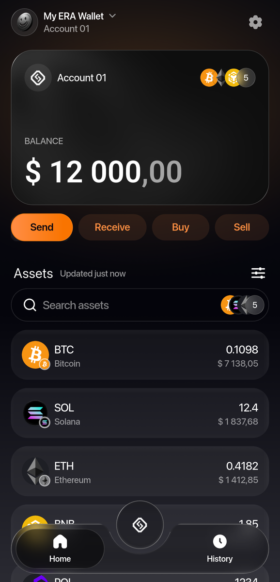 App home screen: the wallet name and account at the top, an account card with the total balance, the Send / Receive / Buy / Sell row, and the asset list with each coin's amount and dollar value.