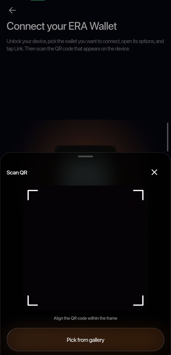 Scan QR sheet in the app: the camera viewfinder with corner marks, the hint Align the QR code within the frame, and a Pick from gallery button.