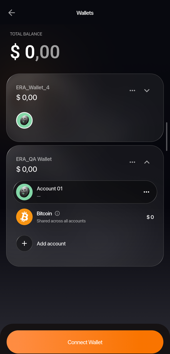 Wallets page: total balance, the linked wallets with their accounts, an Add account row, and a Connect Wallet button at the bottom.