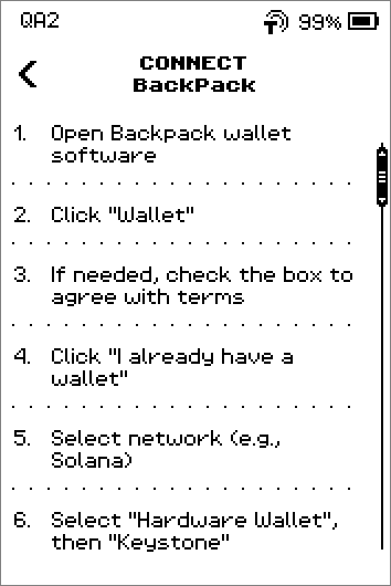 Connect BackPack instructions, 9 steps including Scan the QR code from the ERA Wallet screen, and a SHOW QR button.