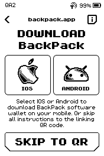 Download BackPack page with IOS and ANDROID tiles and a SKIP TO QR button.