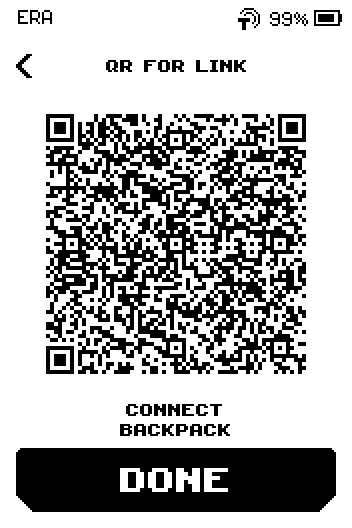 QR for link screen with the code, caption CONNECT BACKPACK and a DONE button.