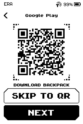 Google Play page with a store QR, caption DOWNLOAD BACKPACK, SKIP TO QR and NEXT buttons.