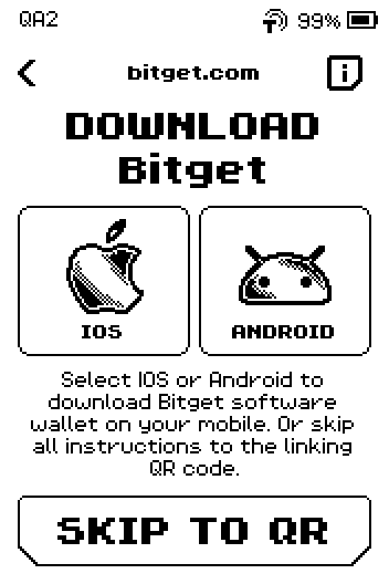 Download Bitget page with IOS and ANDROID tiles and a SKIP TO QR button.