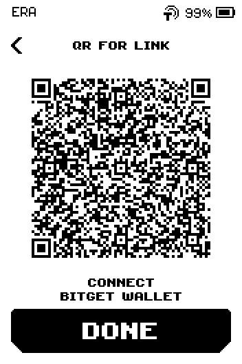 QR for link screen with the code, caption CONNECT BITGET WALLET and a DONE button.