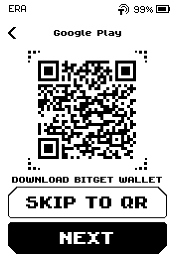 Google Play page with a store QR, caption DOWNLOAD BITGET WALLET, SKIP TO QR and NEXT buttons.