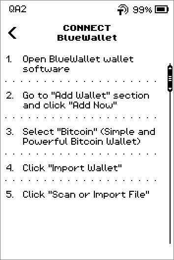 Connect BlueWallet instructions, 6 steps ending with Scan the QR code from the ERA Wallet screen, and a SHOW QR button.