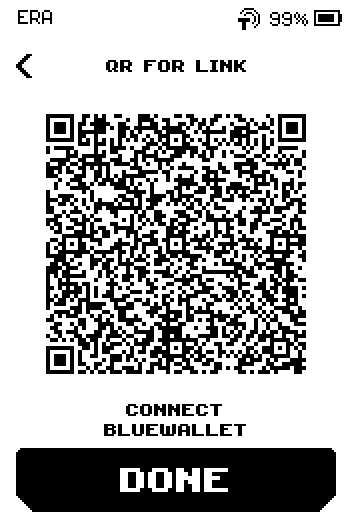 QR for link screen with the code, caption CONNECT BLUEWALLET and a DONE button.