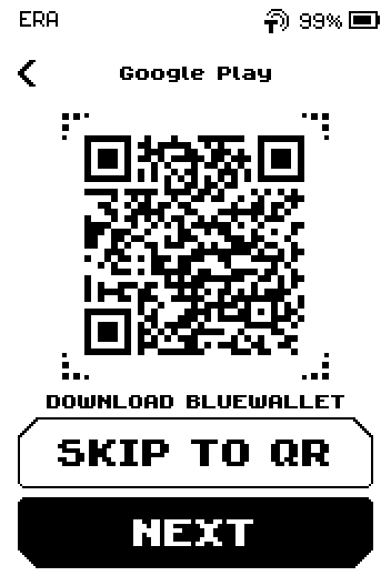 Google Play page with a store QR, caption DOWNLOAD BLUEWALLET, SKIP TO QR and NEXT buttons.