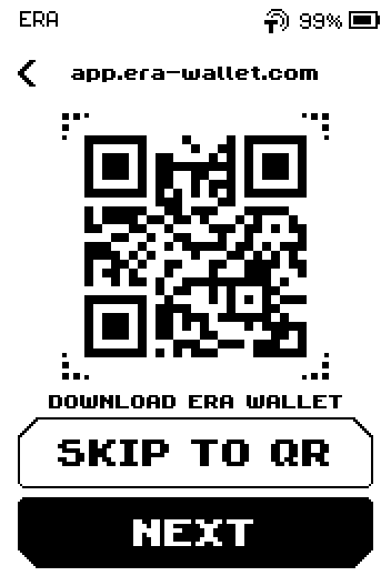 Download ERA Wallet page showing a QR for app.era-wallet.com, with SKIP TO QR and NEXT buttons.