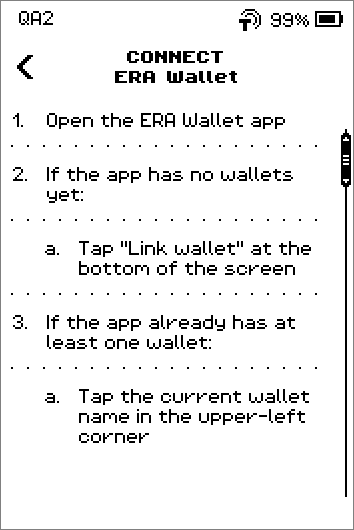 Connect ERA Wallet instructions over two pages: Link wallet, or Connect wallet then Link wallet, scan the QR code, and a SHOW QR button.