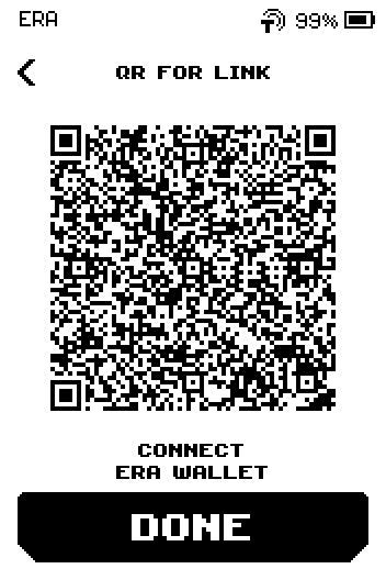 QR for link screen with the animated code, caption CONNECT ERA WALLET and a DONE button.
