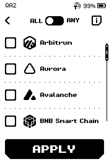 Wallet app filter with the ALL / ANY switch and network checkboxes, APPLY button.