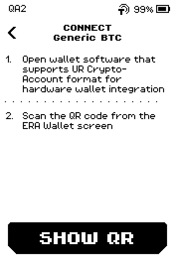 Connect Generic BTC instruction page with two steps and a SHOW QR button.