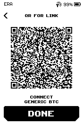 QR for link screen with the code, caption CONNECT GENERIC BTC and a DONE button.