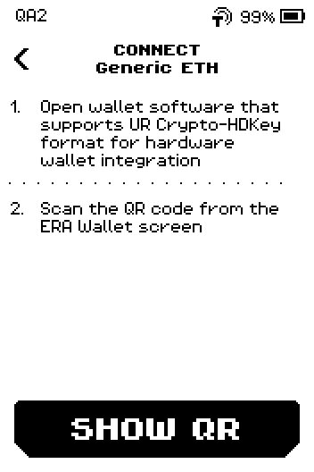 Connect Generic ETH instruction page with two steps and a SHOW QR button.