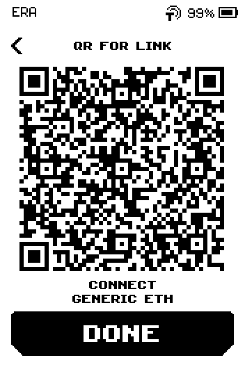 QR for link screen with the code, caption CONNECT GENERIC ETH and a DONE button.