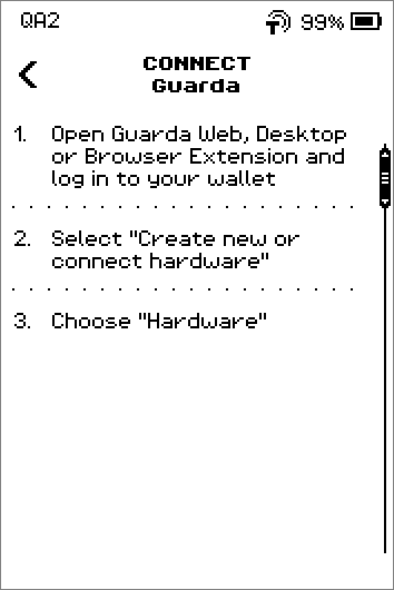 Connect Guarda instructions: open Guarda and log in, Create new or connect hardware, Hardware, ERA Wallet, scan the QR; SHOW QR button.