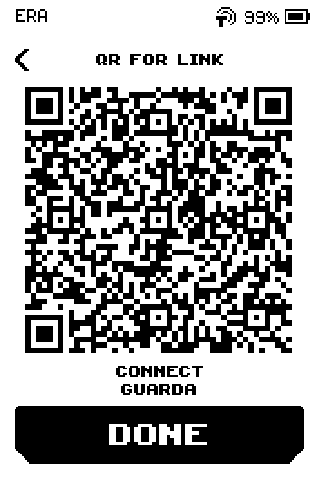 QR for link screen with the code, caption CONNECT GUARDA and a DONE button.