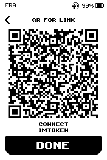 QR for link screen with the code, caption CONNECT IMTOKEN and a DONE button.