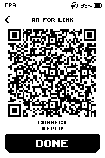QR for link screen with the code, caption CONNECT KEPLR and a DONE button.