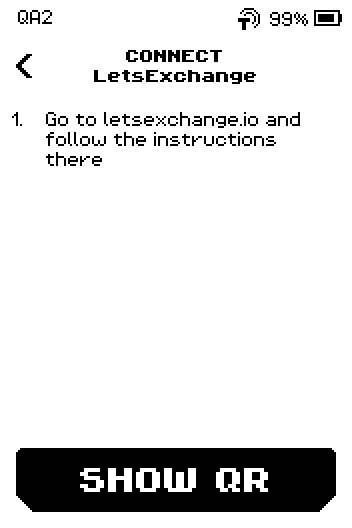 Connect LetsExchange instruction page with one step and a SHOW QR button.