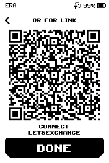 QR for link screen with a large-module code, caption CONNECT LETSEXCHANGE and a DONE button.