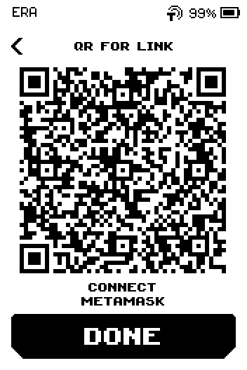 QR for link screen with the code, caption CONNECT METAMASK and a DONE button.