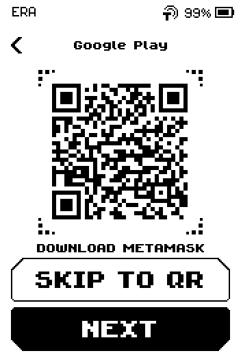 Google Play page with a store QR, caption DOWNLOAD METAMASK, SKIP TO QR and NEXT buttons.