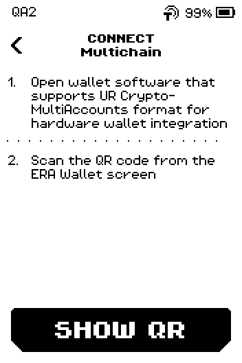 Connect Multichain instruction page with two steps and a SHOW QR button.