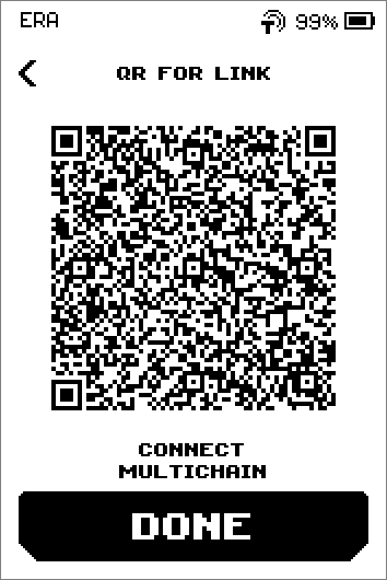 QR for link screen cycling through the parts of the multi-account code, caption CONNECT MULTICHAIN, DONE button.