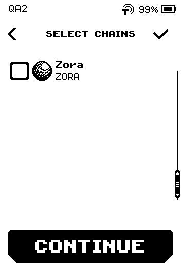 Last page of Select chains with Zora and a CONTINUE button.