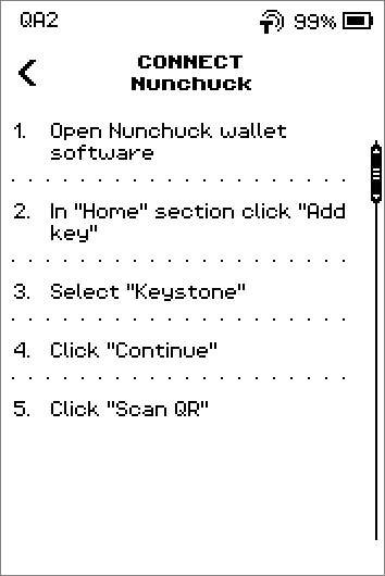 Connect Nunchuck instructions, 6 steps ending with Scan the QR code from the ERA Wallet screen, and a SHOW QR button.