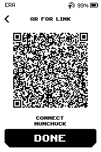 QR for link screen with the code, caption CONNECT NUNCHUCK and a DONE button.