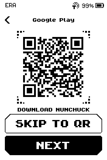 Google Play page with a store QR, caption DOWNLOAD NUNCHUCK, SKIP TO QR and NEXT buttons.