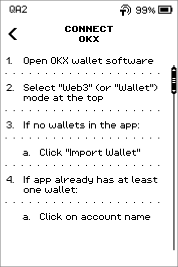 Connect OKX instructions, 8 steps ending with Scan the QR code from the ERA Wallet screen, and a SHOW QR button.