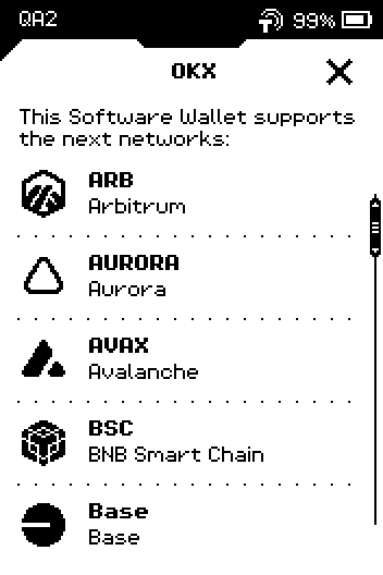 OKX supported-networks page listing ARB Arbitrum, AURORA, AVAX Avalanche, BSC BNB Smart Chain and Base.