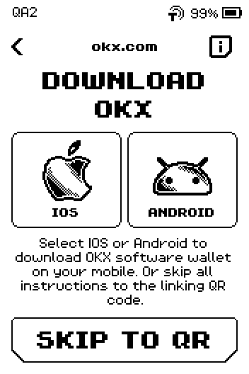 Download OKX page with IOS and ANDROID tiles and a SKIP TO QR button.