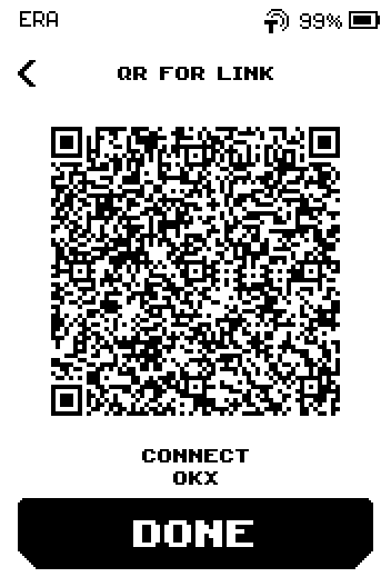 QR for link screen with the code, caption CONNECT OKX and a DONE button.