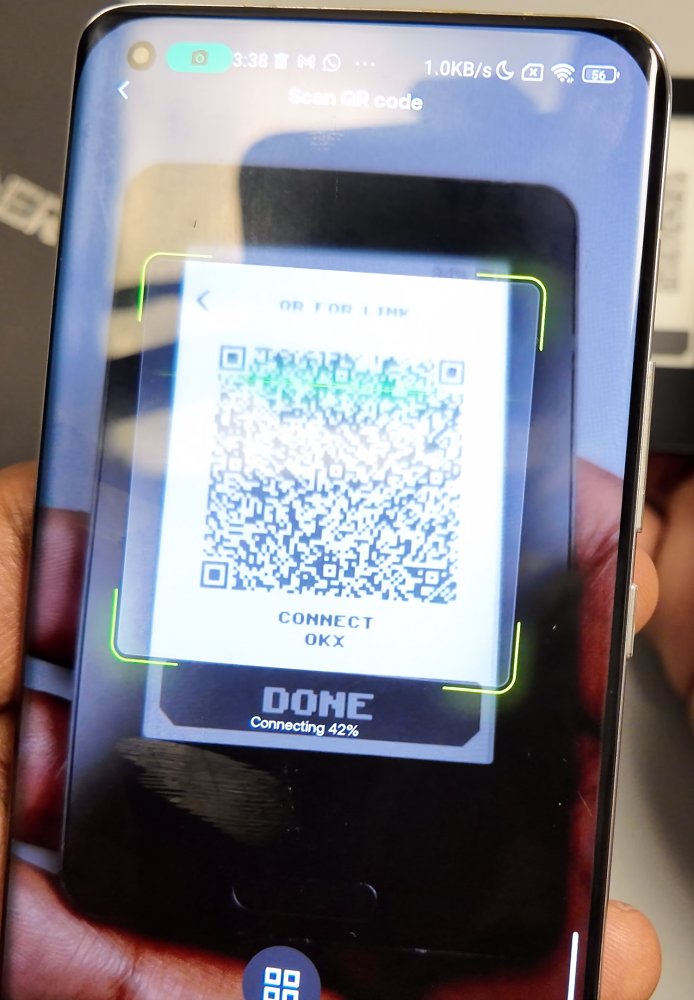 OKX Scan QR code screen reading the ERA link QR, Connecting 42%.