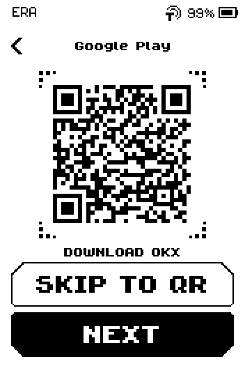 Google Play page with a store QR, caption DOWNLOAD OKX, SKIP TO QR and NEXT buttons.