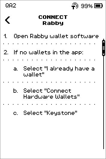 Connect Rabby instructions over three pages ending with Scan the QR code from the ERA Wallet screen, and a SHOW QR button.