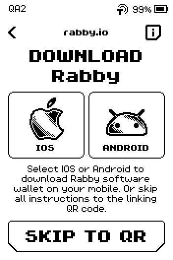 Download Rabby page with IOS and ANDROID tiles and a SKIP TO QR button.