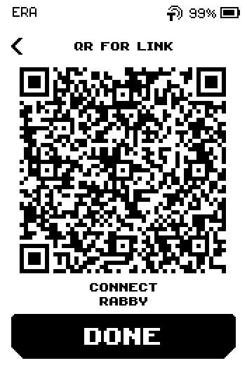 QR for link screen with the code, caption CONNECT RABBY and a DONE button.