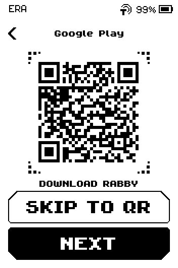 Google Play page with a store QR, caption DOWNLOAD RABBY, SKIP TO QR and NEXT buttons.