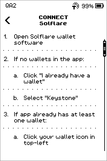 Connect Solflare instructions, 4 steps ending with Scan the QR code from the ERA Wallet screen, and a SHOW QR button.